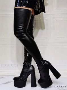 Lasaky - Premium PU Leather Thigh High Boots for Women - Over the Knee, Plus Size, Platform, Chunky Heel, Black Thigh High Platform Boots, Womens Thigh High Boots, High Boots For Women, High Heels Classy, Black Thigh High Boots, Women's Over The Knee Boots, Heel Stretch, Leather Thigh High Boots, Black Thigh High