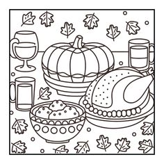 a thanksgiving coloring page with turkey and other foods