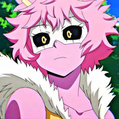 an anime character with pink hair and big eyes, wearing a furry coat in front of trees