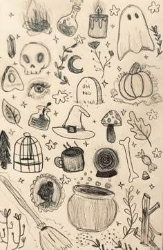 this is a drawing of various objects and things that are drawn in pencil on paper