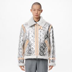 LOUIS VUITTON® - Monogram Mirror Shearling Jacket - Silver Silver Louis Vuitton, Silver Jacket, Boujee Outfits, Statement Jacket, Louis Vuitton Men, Yellow Top, Louis Vuitton Official, Shearling Jacket, Fashion Books