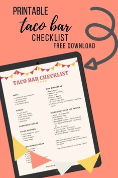 the printable taco bar checklist is shown on top of a tablet computer