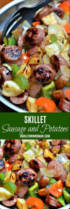 the skillet is full of sausage and potatoes