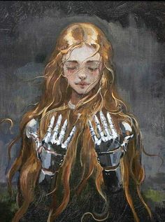 a painting of a girl with long hair holding her hands together