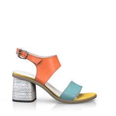 Modern Orange High Heel Sandals, Modern Orange Open Toe Heels, Orange Open Toe Sandals With Wooden Heel, Multicolor Open Heel Leather Heels, Multicolor Leather Open Heel Heels, Orange Open Toe Leather Heels, Orange High Heel Sandals With Removable Insole, Orange Leather Open Toe Heels, Orange Sandals With Heel Strap And Block Heel