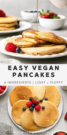 easy vegan pancake recipe with berries and syrup being drizzled on top