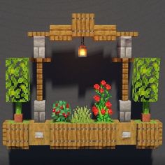 an image of a pixel art scene with flowers and plants in the window sill