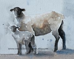 a watercolor painting of a sheep and its baby