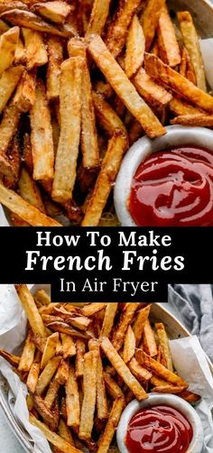 french fries in air fryer with ketchup on the side and sauces