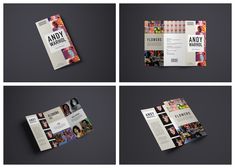 four different views of a brochure with images of people on it and the words andy wright