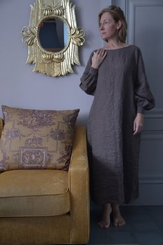 Elegant Long Sleeve Beige Linen Dress, Brown Linen Long Sleeve Dress, Elegant Brown Linen Dress, Elegant Linen Tunic Dress, Elegant Oversized Linen Dress, Coffee Color, Bosnia And Herzegovina, Embroidered Dress, Long Dress