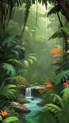 an image of a jungle scene with waterfall and tropical plants in the foreground illustration