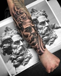 a man's arm with an angel and busturine tattoo on the forearm