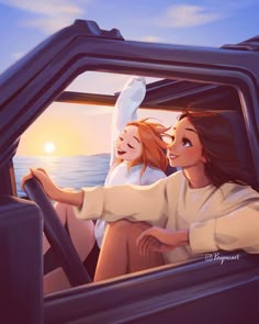 two women sitting in the drivers seat of a car, looking out at the ocean