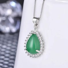 Teardrop Pendant Necklace Synthetic Gemstone 925 Sterling Silver in Green Gem - Mounteen Necklaces Wedding, Silver Necklace Pendant, Wedding Party Jewelry, Green Gems, Teardrop Necklace, Teardrop Pendant, Chain Necklaces, Sterling Silver Necklace Pendants, Party Jewelry