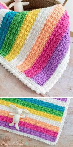 a crocheted pot holder with a stuffed bunny in it and a rainbow blanket