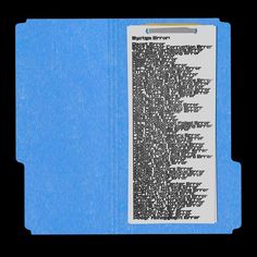 a blue file folder with black and white text on the front, in half - fold