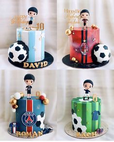 four different cakes decorated with figurines and soccer balls