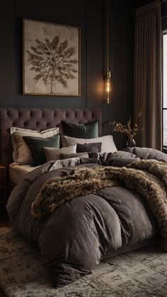 Dark Cozy Room Ideas, Black Velvet Bed Bedroom Ideas, Dark And Cozy Bedroom, Moody Bedroom Aesthetic, Moody Bedroom Design, Moody Apartment, Dark Romantic Bedroom, Dark And Cozy, Bedroom Aesthetic Ideas