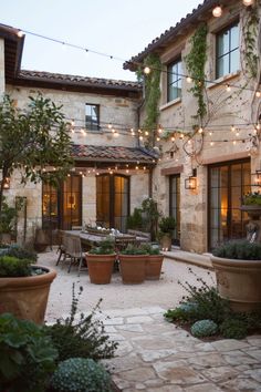 an outdoor patio with potted plants and lights strung from the building's roof