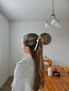 Ribbon Half Up Half Down Hair, Half Up Half Down With Ribbon Bow, Half Up Half Down Wedding Hair Ribbon, Cute Hairstyles With Straight Hair Ideas, Slicked Back Hairstyles Half Up Half Down, Half Up Hairstyles With Ribbon, Hairstyle Inspo Pics, Slick Back Ribbon Hairstyle, Half Up Hair Ribbon