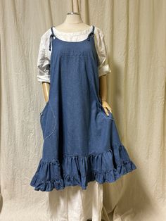 Our Emma Pinafore in the Indigo Denim in dark and light wash, loop and tie straps with trapeze back and big pockets. Cute with a tee shirt and bloomers or over a dress. Sure to be a favorite. Made in the USA. XS bust 38" S bust 40" M bust 42" L bust 44" XL bust 46" XXL bust 48" Length 42" Denim Pins, Big Pockets, Indigo Denim, Dark And Light, Pin Stripe, Romantic Dress, Kawaii Clothes, Jumper Dress, Skirt Pants