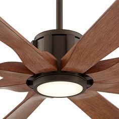 a ceiling fan with wooden blades and lights on it's sides, showing the light bulb