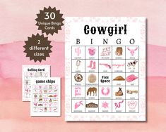 a pink and white printable game with different items on the cover, including two matching cards