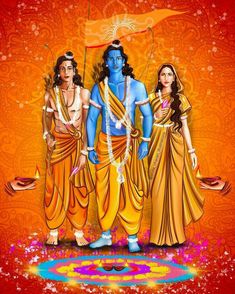 the three avatars of hindu deities in front of an orange background