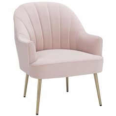 a pink chair with gold legs on a white background