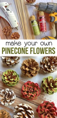 pinecone flowers are being made on a wooden board