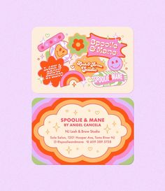 two business cards with cartoon characters on them, one is pink and the other is green