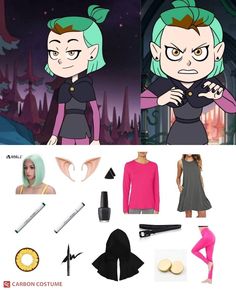 an animated character with green hair and black clothes