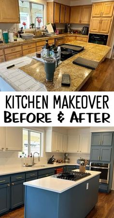 before and after photos of a kitchen remodel with blue cabinets, white countertops and wood floors