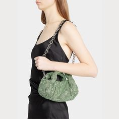 Stuart Weitzman "The Moda" top handle bag in allover crystal mesh fabric and glass  Padded top handles  Detachable chain shoulder strap, 11.2" drop/ 30.5"L Can be worn as a top handle or shoulder bag  Open top with magnetic closure  Lining: Viscose/silk Approx. 5.5"H x 6.6"W x 4.3"D Made in Italy Top Handle Chain Shoulder Bag For Party, Party Shoulder Bag With Chain And Top Handle, Evening Top Handle Shoulder Bag With Chain, Evening Shoulder Bag With Chain And Top Handle, Evening Shoulder Bag With Top Handle And Chain, Evening Bag With Chain Strap And Double Handle, Evening Bags With Chain Strap And Double Handle, Top Handle Bag With Chain Strap For Night Out, Party Shoulder Bag With Chain Strap And Double Handle