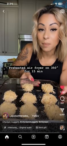 a woman is looking at the camera with food in front of her and an instagram