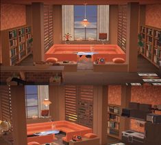 an animated view of a living room with couches and bookshelves in it