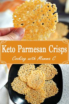 keto parmesan crispes on a black plate with text overlay that reads, cooking with mama c