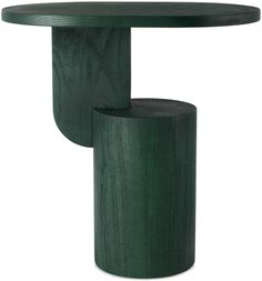 a green table with two round wooden bases