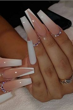 White And Pink Nails, White Coffin Nails, French Tip Nail Designs, Girly Acrylic Nails