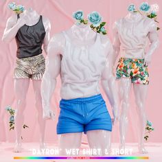 three male mannequins wearing swim trunks and flower headbands in front of a pink backdrop