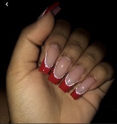 Red French Tips With Glitter, French Tips With Glitter, Red French Tips, Red Tip Nails, Red And Silver Nails, Cute Red Nails, Short Red Nails, Prom Nails Red, Red Nails Glitter