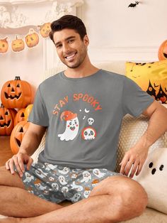 2pcs Men Graphic Ghost Letter Short Sleeve T-Shirt And Shorts Pajama Set Grey     Cartoon,Letter  Slight Stretch  Men Loungewear, size features are:Bust: ,Length: ,Sleeve Length: Ghost Letters, Burgundy Bag, Cartoon Letters, Elegant Dresses Long, Dark Jeans