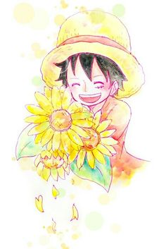 a drawing of a girl holding a sunflower in her hand and smiling at the camera