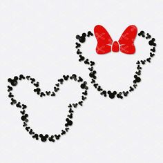 mickey and minnie mouse heads with hearts in the shape of a heart on a white background