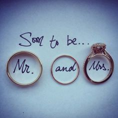 three wedding rings with the words soon to be mr and mrs written on them in cursive writing