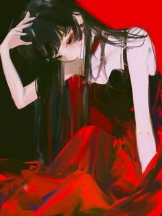 a digital painting of a woman in red and black dress with her hands behind her head