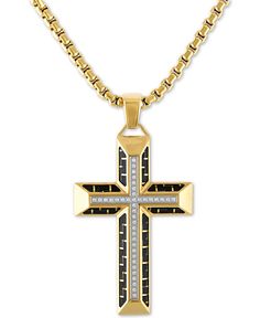 Put the focus on faith with the striking design of this men's cross pendant necklace from Esquire Men's Jewelry. Set in gold tone ion-plated stainless steel, the cross shines with diamonds set against a black carbon fiber design. Stainless Steel Cross Pendant, Diamond Cross Pendants, Diamond Cross, Mens Accessories Jewelry, Jewelry Diamond, Jewelry Repair, Cross Jewelry, Men's Necklace, Gold Cross