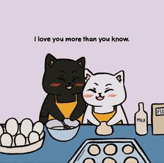 two cats sitting at a table with eggs and milk