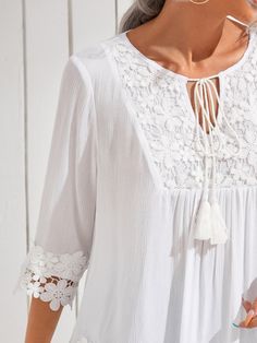 White Boho  Three Quarter Length Sleeve Viscose Plain Peplum Embellished Non-Stretch Spring/Summer Women Tops, Blouses & Tee Spring Blouse With Lace Trim, Cheap Embellished Casual Blouse, Lace Western Tops Shein, Cheap Casual Embellished Blouse, Shein Western Lace Tops, Chic Cheap Tops With Lace Trim, Cheap Lace Top Blouse For Vacation, Cheap Feminine Lace Top For Spring, Turkish Women's Blouses